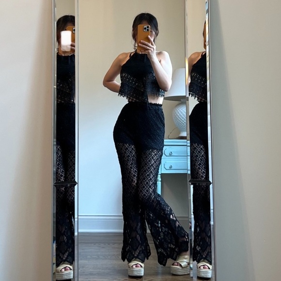 Zara crochet flared black knit pants beads and tassels - Picture 3 of 16